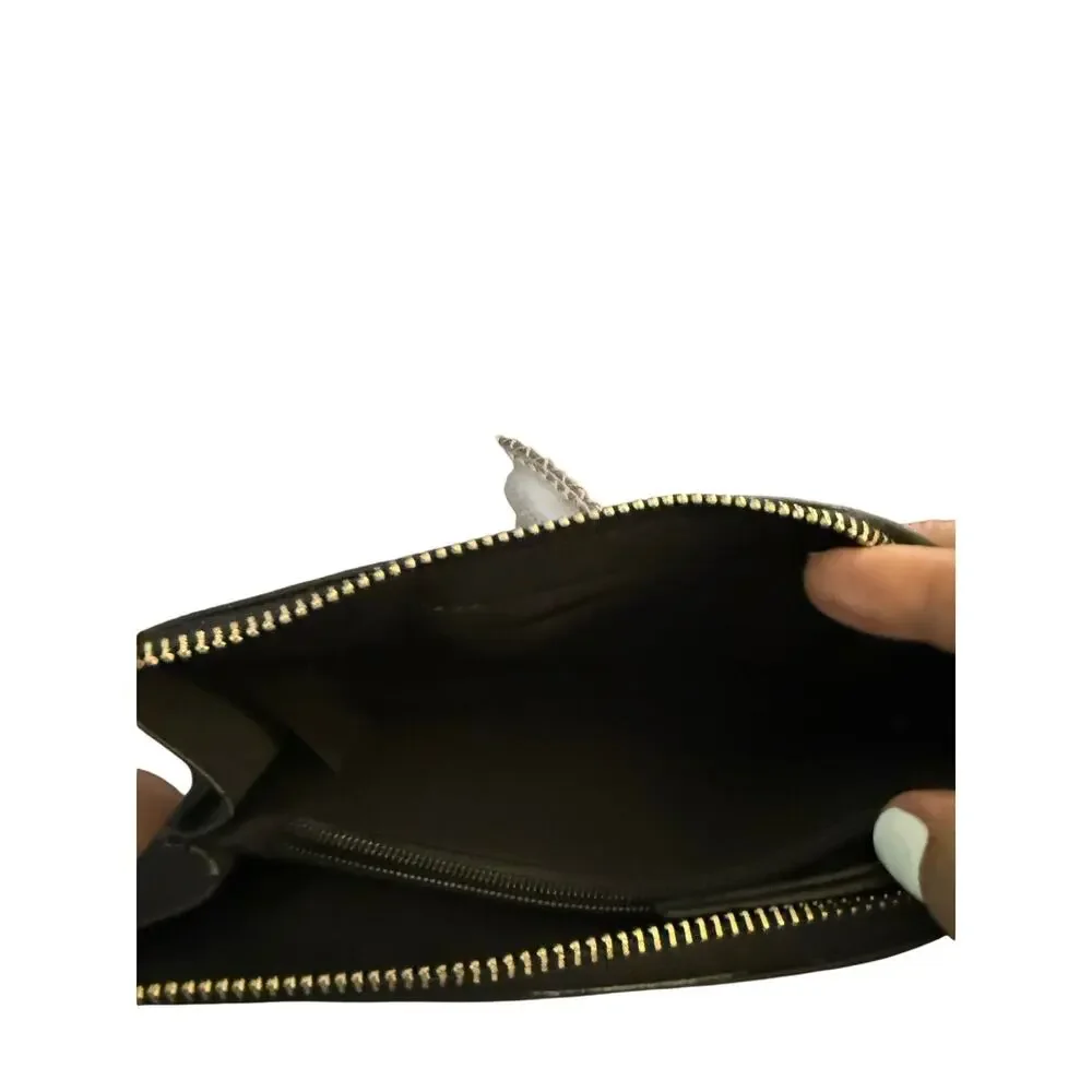 Nanette Lepore Black Pebbled Faux Leather Wristlet Wallet Clutch Gold Tone